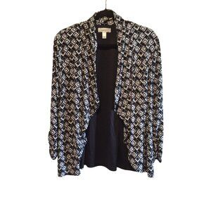 Dressbarn Womens Black & White Open-Front Cardigan Jacket With Geometric Print -